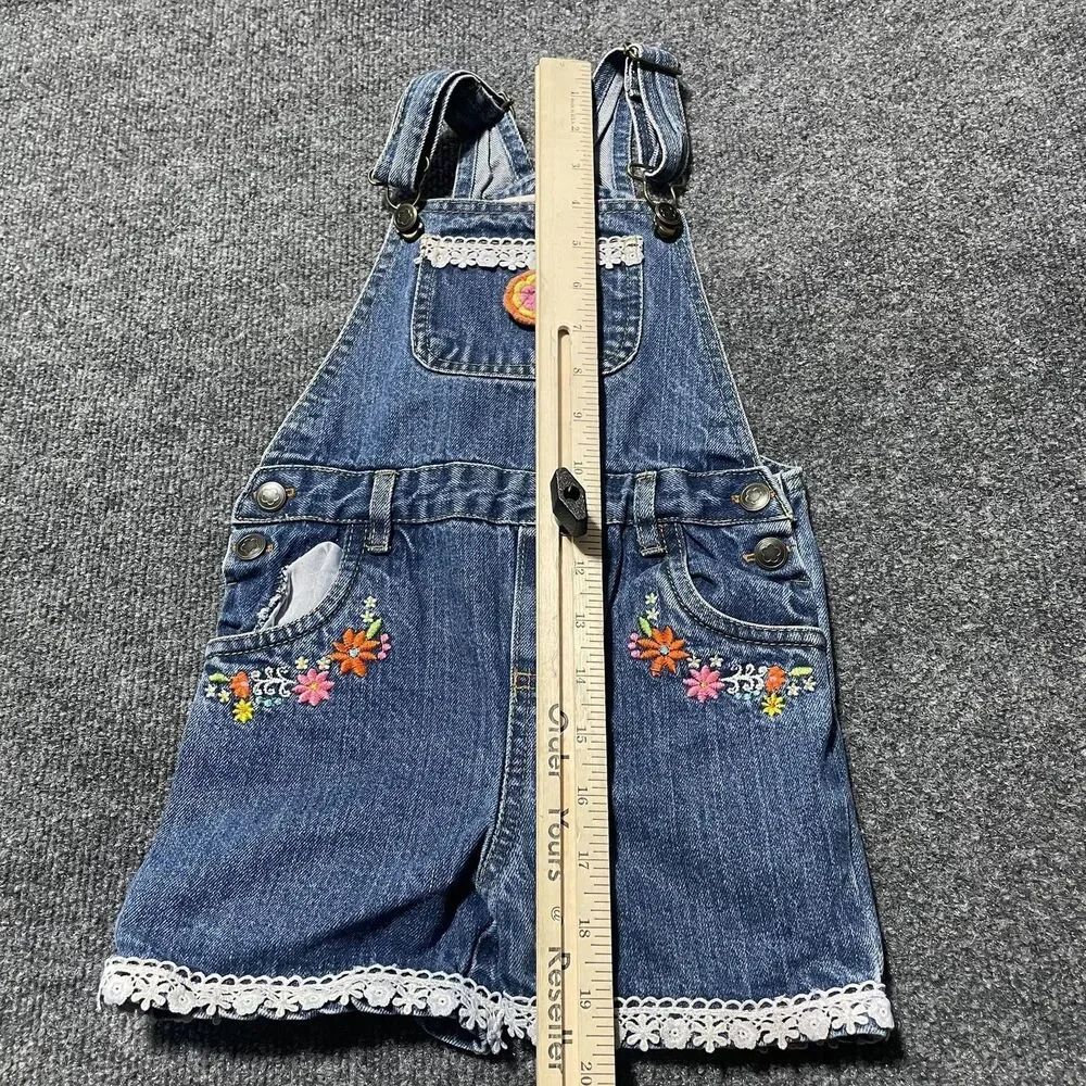 Self Esteem Denim Overalls Shortalls Girl 4T Blue Embroidered Flowers Lace Trim